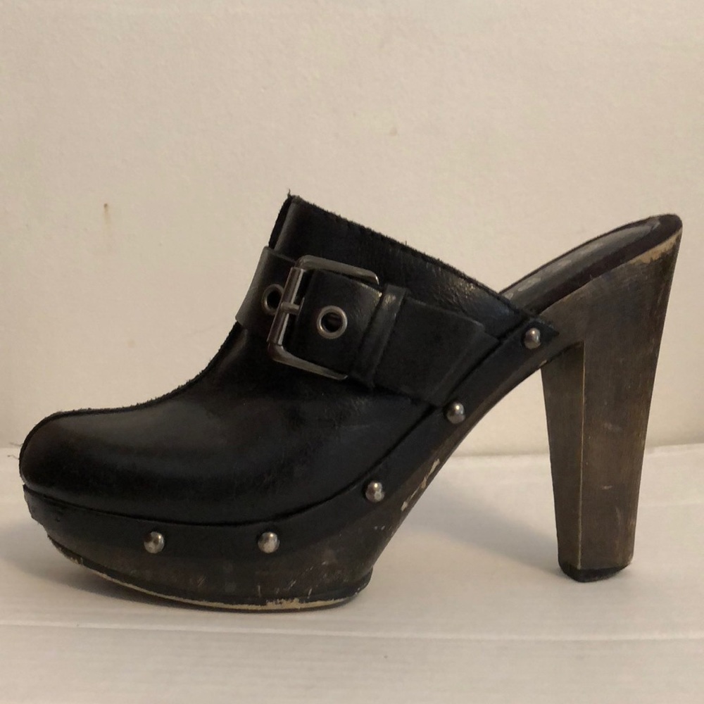 Black Leather Heeled Mules